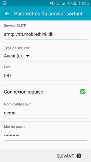 Saisissez l'adresse du serveur sortant