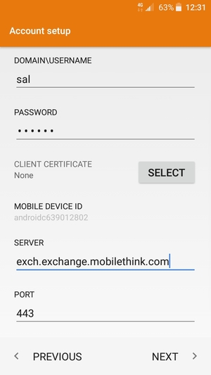 Enter USERNAME and Exchange server address. Select NEXT