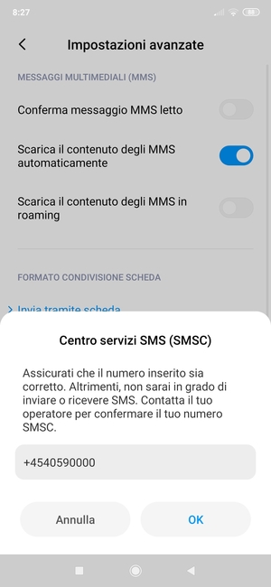 Inserisci il numero di Centro servizi SMS (SMSC) e seleziona OK