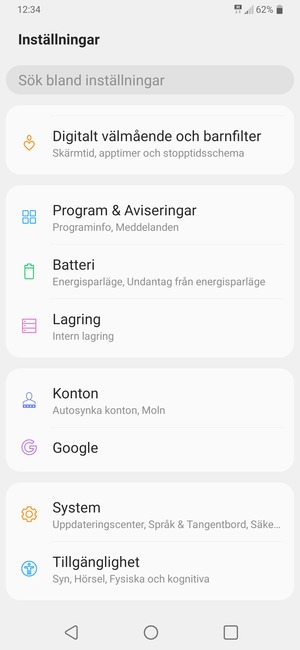 Scrolla till och välj System