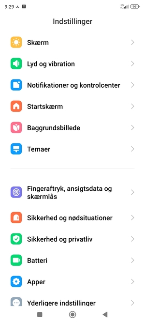 Scroll til og vælg Fingeraftryk, ansigsdata og skærmlås