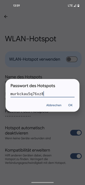 Geben Sie eine WLAN-Hotspot-Passwort mit mindestens 8 Zeichen ein und wählen Sie OK