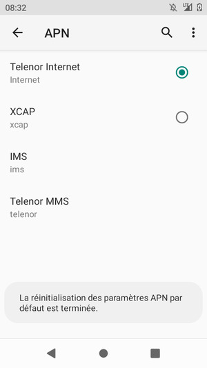 Votre téléphone va être réinitialisé avec les paramètres Internet et MMS par défaut