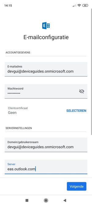 Voer Gebruikersnaam en Exchange serveradres in. Selecteer Volgende