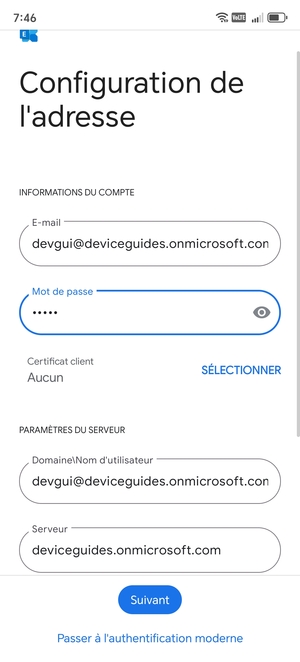 Saisissez votre Nom d'utilisateur et l'adresse du serveur Exchange. Sélectionnez Suivant