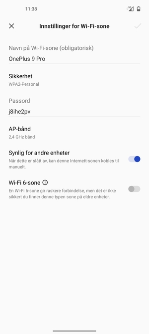 Skriv inn et Wi-Fi hotspot-passord på minst 8 tegn og velg OK