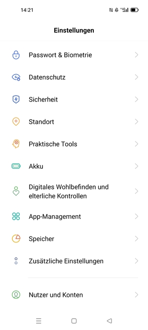 Um Ihre Bildschirmsperre zu aktivieren, gehen Sie zum Einstellungen Menü und wählen Sie  Passwort & Biometrie