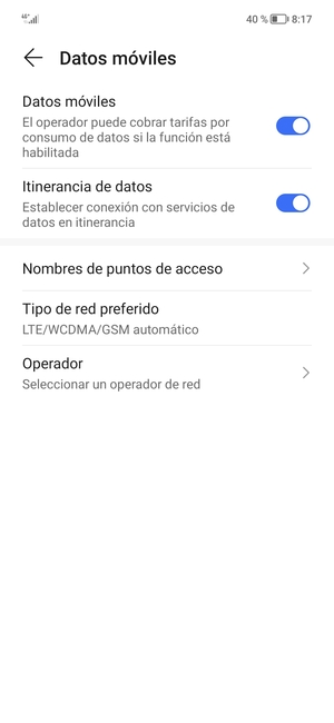 Activar o desactivar Itinerancia de datos
