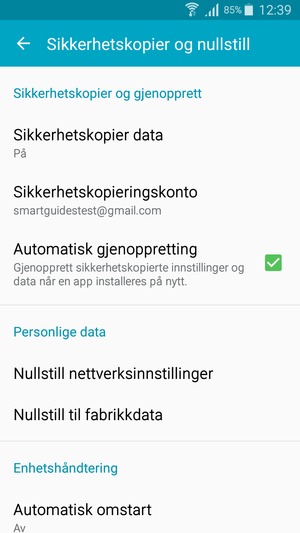 Velg Sikkerhetskopieringskonto
