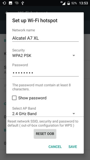 Enter a Wi-Fi hotspot password of at least 8 characters and select SAVE