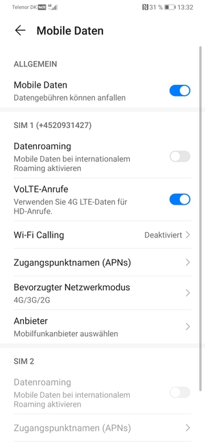 Scrollen Sie zu SIM 1 oder SIM 2 und wählen Sie Bevorzugter Netzwerkmodus