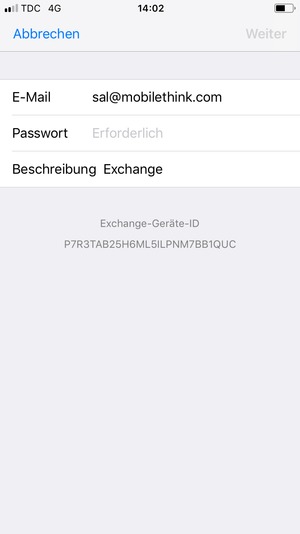 Geben Sie Ihre Exchange E-Mail-Informationen ein und wählen Sie Weiter