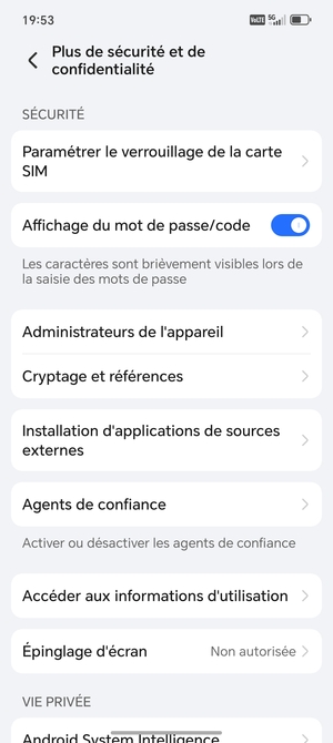 Sélectionnez Paramètres le  verrouillage de la carte SIM