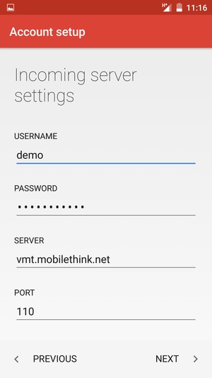 Enter Username and Incoming server address