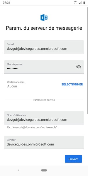 Saisissez votre Nom d'utilisateur et l'adresse du serveur Exchange. Sélectionnez SUIVANT