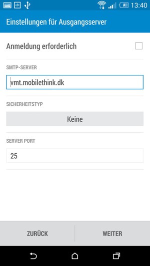 Geben Sie die Server-Adresse für ausgehende Post ein und wählen Sie WEITER