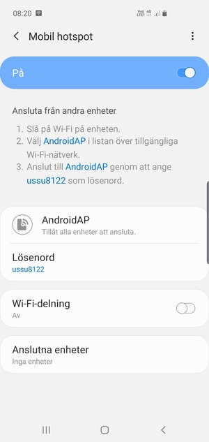 Din telefon har nu ställts in för att kunna användas som ett modem