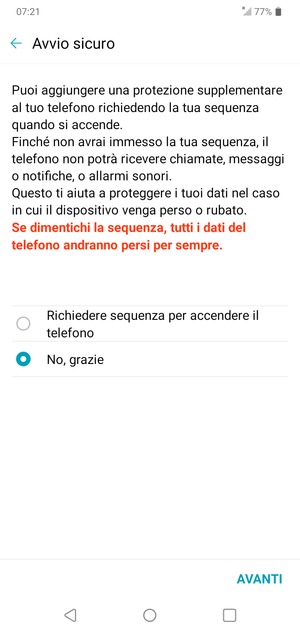 Seleziona la tua opzione preferita e poi AVANTI