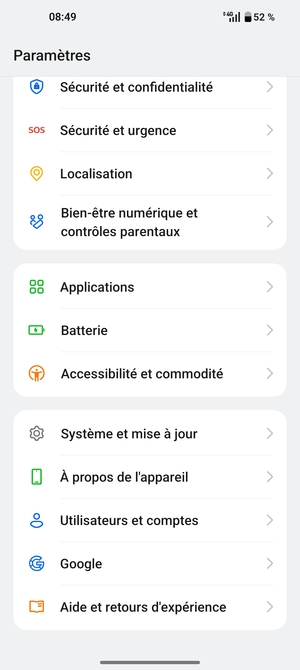 Faites défiler et sélectionnez Système et mise à jour