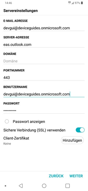 Geben Sie Exchange Server-Adresse und Benutzername ein. Wählen Sie WEITER