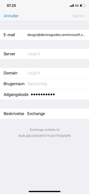 Indtast Exchange e-mail oplysninger og vælg Næste