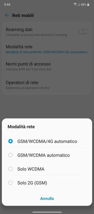 Seleziona GSM/WCDMA automatico per abilitare 3G e GSM/WCDMA/4G automatico per abilitare 4G