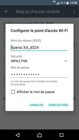 Saisissez un mot de passe de hotspot Wi-Fi d'au moins 8 caractères et sélectionnez ENREGISTRER