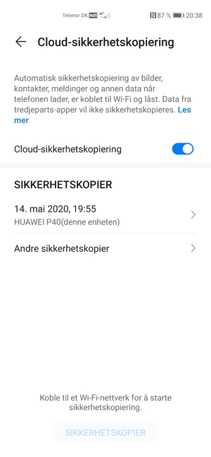 Velg den siste sikkerhetskopien fra listen