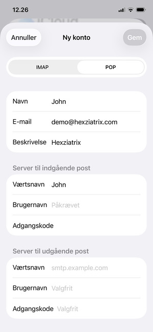 Vælg IMAP eller POP og indtast e-mail oplysninger for Server til indgående post