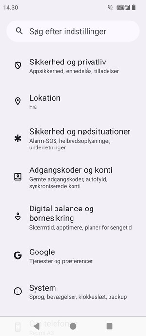 Scroll til og vælg Sikkerhed og privatliv