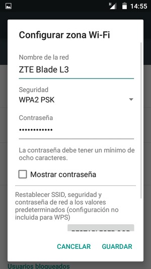 Introduzca una contraseña de punto de acceso Wi-Fi de al menos 8 caracteres y seleccione GUARDAR