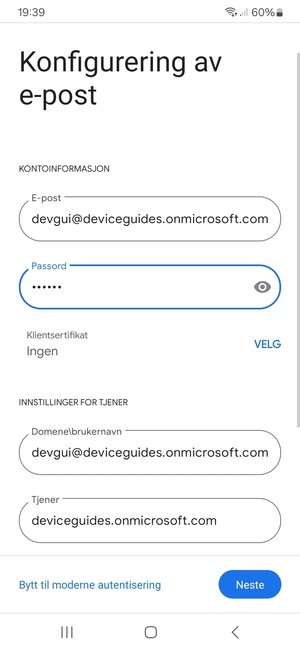 Skriv inn Brukernavn og Exchange serveradresse. Velg Neste