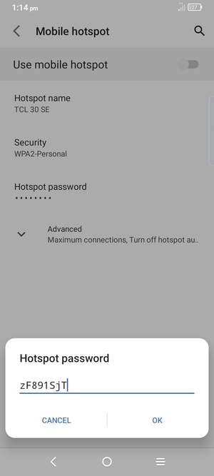 Enter a Wi-Fi hotspot password of at least 8 characters and select OK