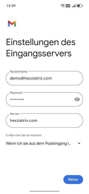 Geben Sie Benutzername und die Server-Adresse für eingehende Post ein. Wählen Sie Weiter