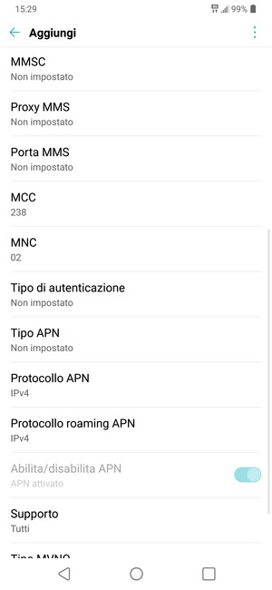 Scorri verso il basso e inserisci le informazioni di internet