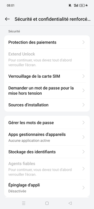Faites défiler et sélectionnez Verrouillage de la carte SIM