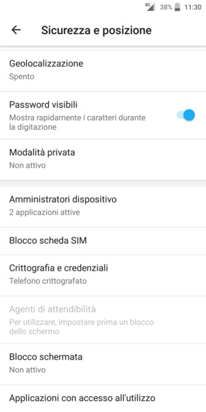 Per cambiare il PIN della scheda SIM, torna al menu Sicurezza e posizione e scorri e seleziona Blocco scheda SIM