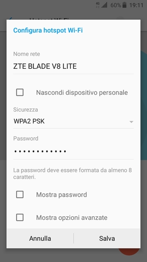 Inserisci una password dell'hotspot Wi-Fi di almeno 8 caratteri e seleziona Salva