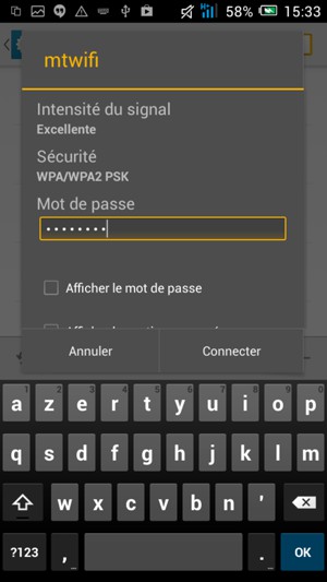 Saisissez le mot de passe du Wi-Fi et sélectionnez Connecter
