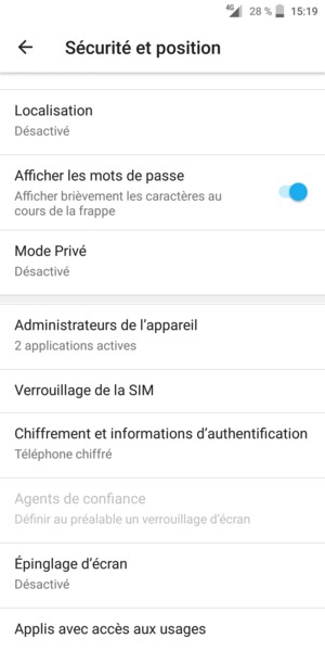 Pour modifier le code PIN de la carte SIM, revenez au menu Sécurité et position, faites défiler et sélectionnez Verrouillage de la SIM