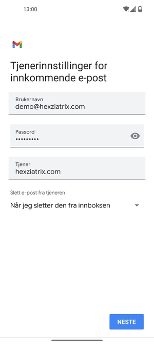 Skriv inn Brukernavn og innkommende serveradresse. Velg NESTE
