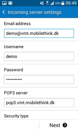 Enter Username and Incoming server address. Select Next