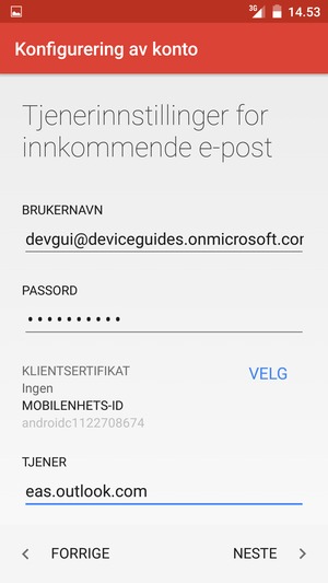 Skriv inn Brukernavn og Exchange serveradresse. Velg NESTE