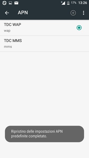 Le impostazioni del tuo telefono saranno ripristinate secondo le impostazioni internet e MMS predefinite