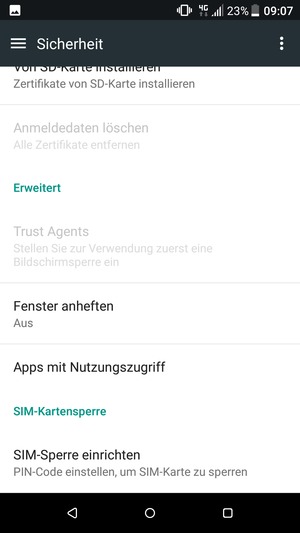 Um die PIN für die SIM-Karte zu wechseln, gehen Sie zum Sicherheit Menü zurück und scrollen Sie und wählen Sie SIM-Sperre einrichten