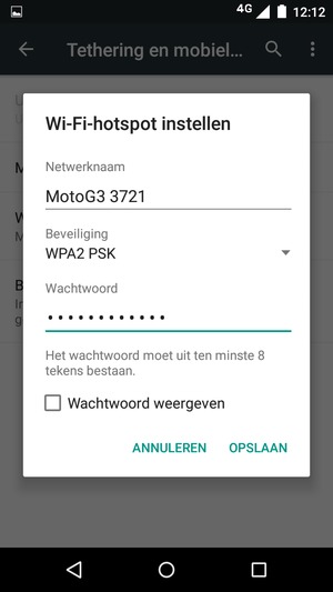 Voer een wachtwoord van een WiFi-hotspot in van ten minste 8 tekens en selecteer OPSLAAN