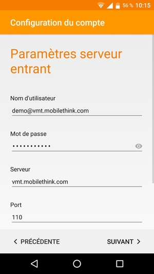 Saisissez votre Nom d'utilisateur et l'adresse du serveur entrant. Sélectionnez SUIVANT