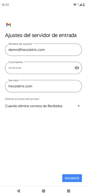 Introduzca Nombre de usuario y la dirección de servidor entrante. Seleccione SIGUIENTE