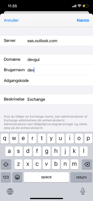 Indtast Exchange e-mail oplysninger og vælg Næste