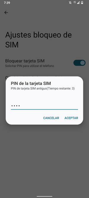 Introduzca PIN de tarjeta SIM antiguo y seleccione ACEPTAR